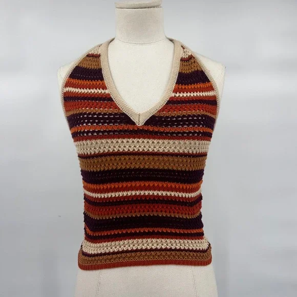 PRETTYLITTLETHING Striped Crochet Halter Neck Crop Top Multi XS - Picture 2 of 8